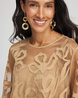 Floral-Motif Mesh 3/4 Sleeve Top