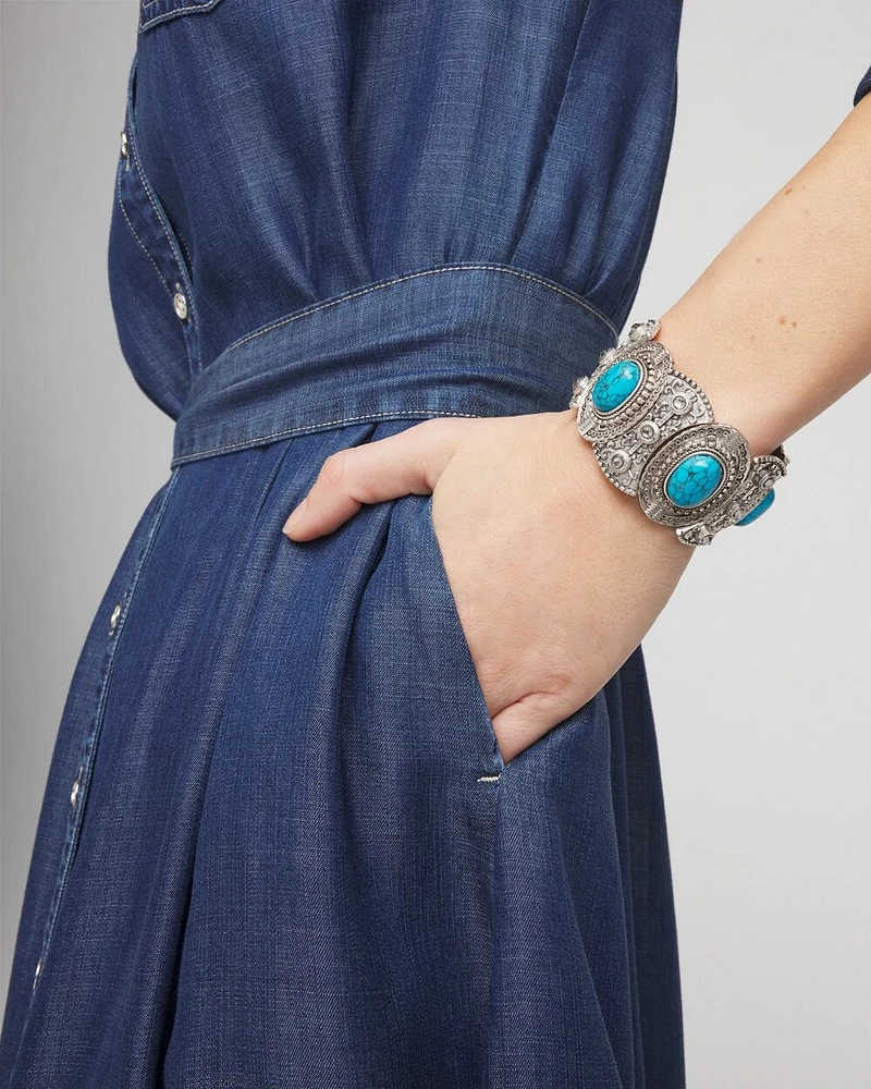 Blue & Silver Tone Stretch Cuff Bracelet