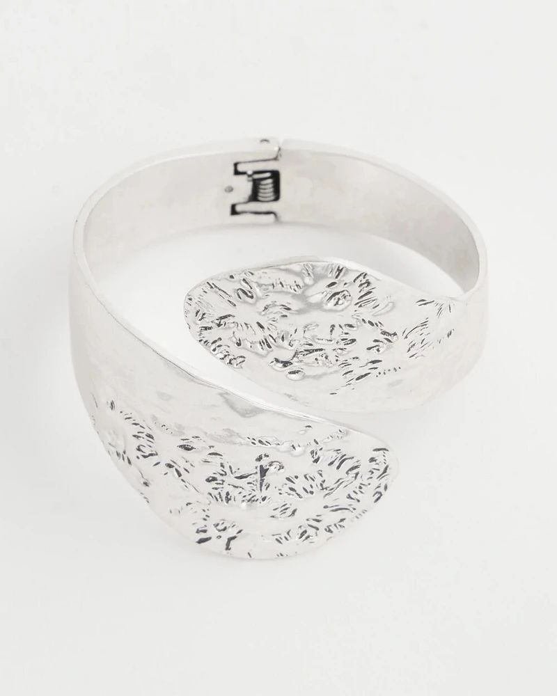 Silver Tone Leaf Cuff Hinge Bracelet