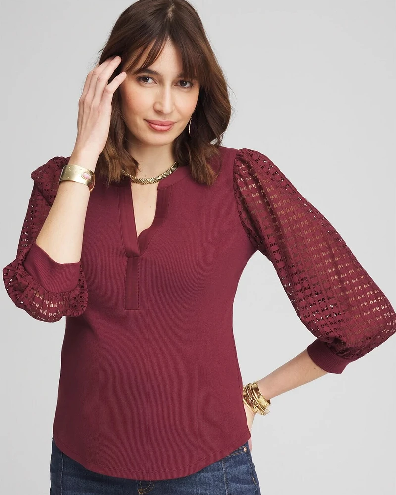 Split Neck Lace Sleeve Top