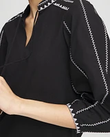 Embroidered Pintuck Lantern-Sleeve Top