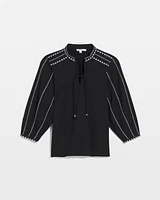 Embroidered Pintuck Lantern-Sleeve Top