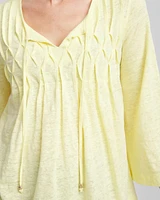 Pintuck Linen Notched-Neck Tee