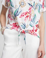 Linen Floral Tie Front Tee