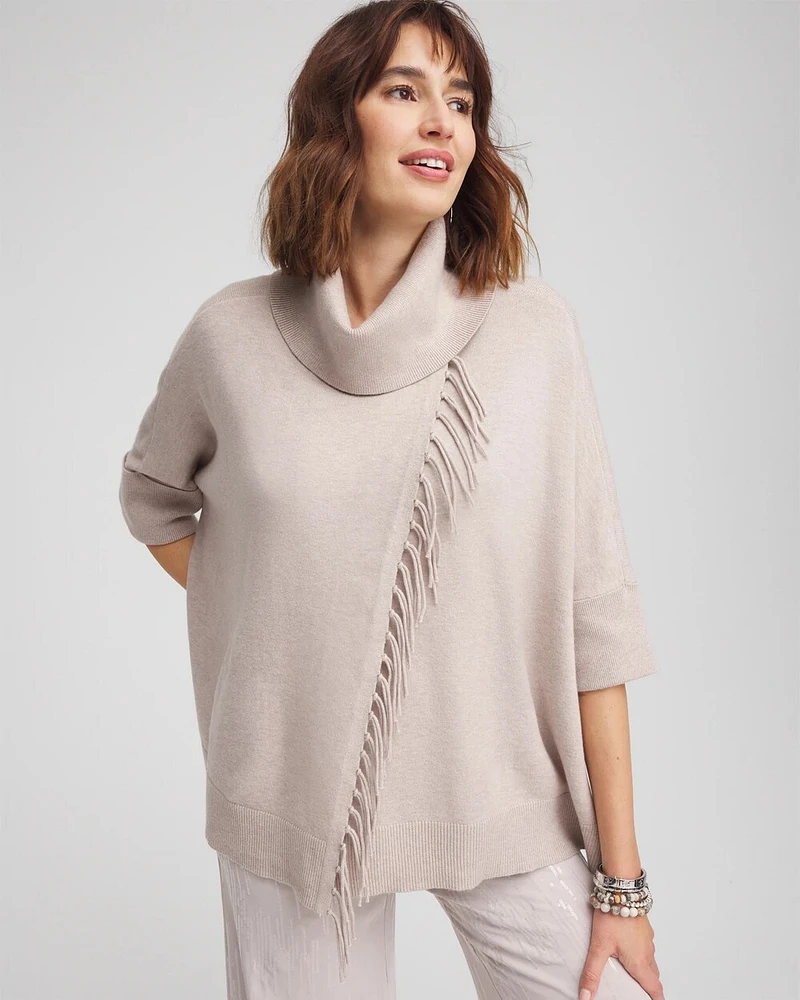 Cowl Neck Fringe Cashmere Blend Poncho