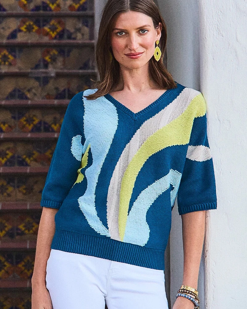 Print V-Neck Pullover Sweater