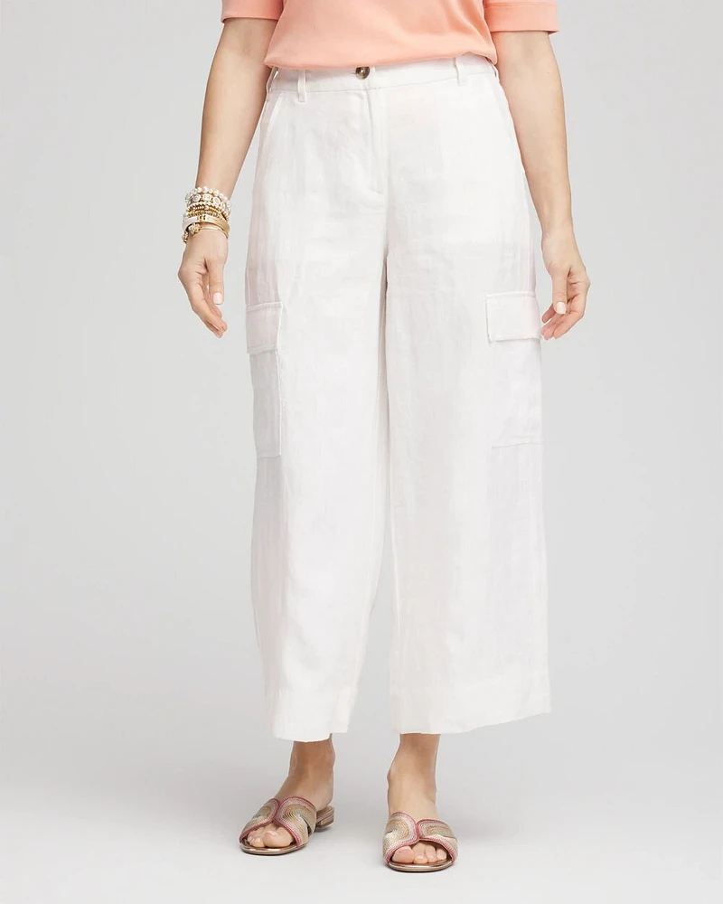 Linen Cargo Wide-Leg Cropped Pants