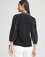 Embroidered Pintuck Lantern-Sleeve Top