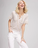 Linen Lace-Cutwork Sleeve Henley Tee
