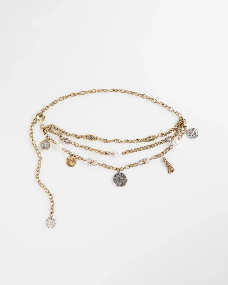 Faux Pearl and Coin Charm Chain Belt