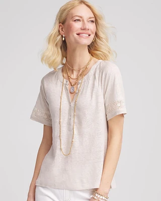 Linen Lace-Cutwork Sleeve Henley Tee
