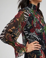 Mock Neck Mixed Print Metallic Crinkle Top