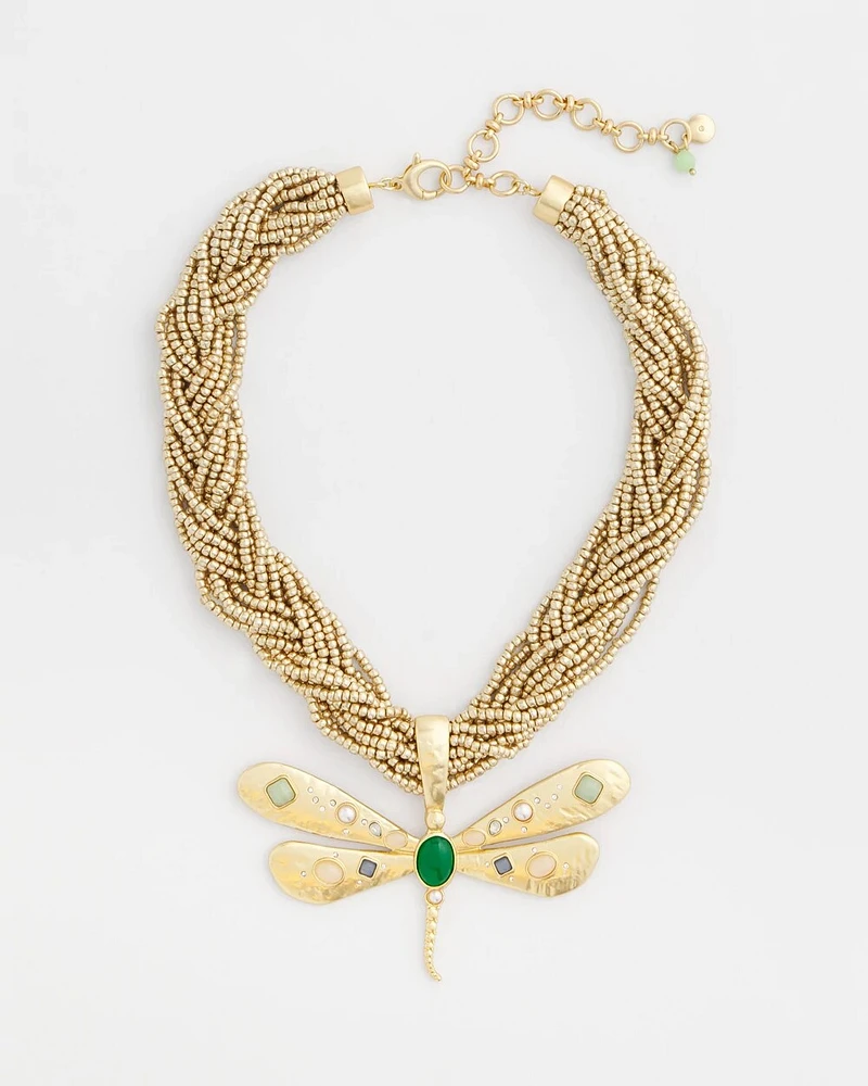 Gold-Tone Green Stone Dragonfly Pendant Necklace