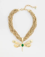 Gold-Tone Green Stone Dragonfly Pendant Necklace