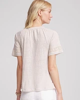 Linen Lace-Cutwork Sleeve Henley Tee