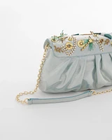 Embellished Leather Metallic Fold-Over Clutch