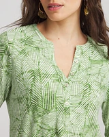 Palm-Frond-Motif Cotton Slub Henley Shirt