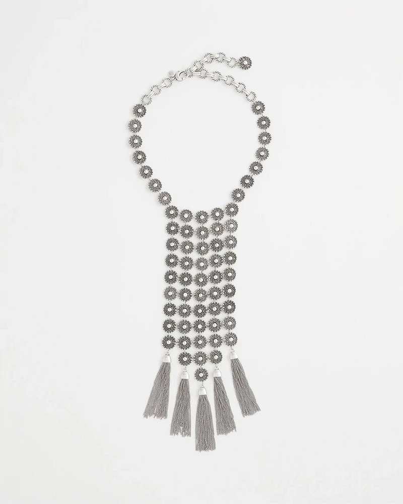 Silver Tone Tassel Statement Necklace
