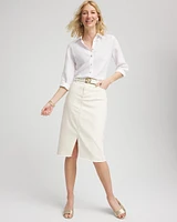 Frayed High-Rise Midi Stretch Denim Skirt