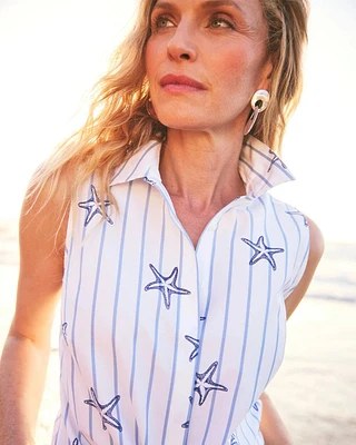 No Iron™ Starfish Striped Sleeveless Sateen Shirt