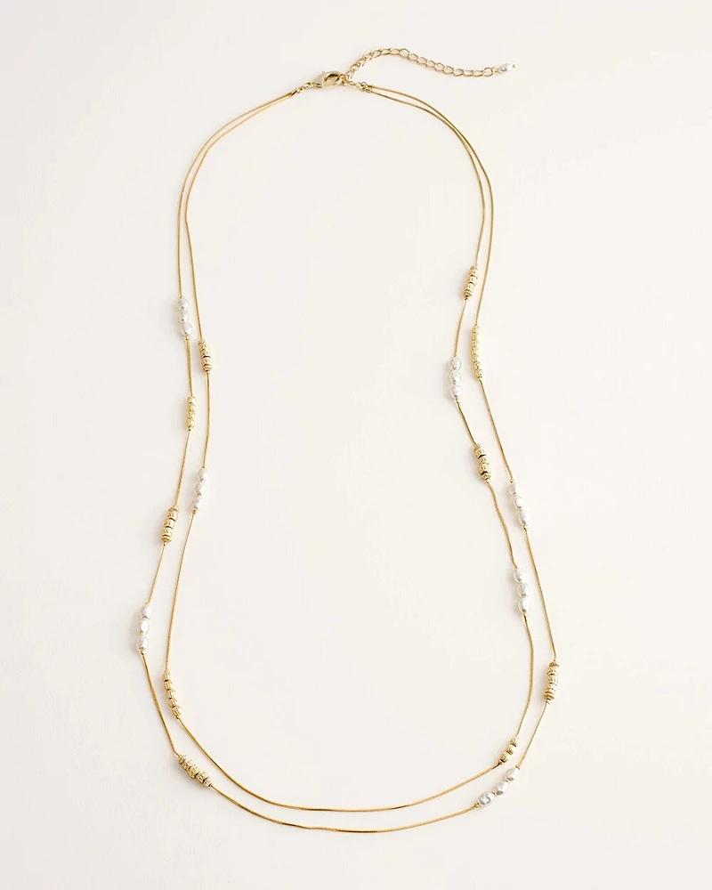 Long Faux-Pearl and Goldtone Double-Strand Necklace