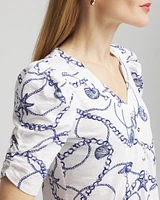 Seashell Slub Shirred-Sleeve Henley Tee