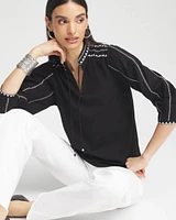 Embroidered Pintuck Lantern-Sleeve Top
