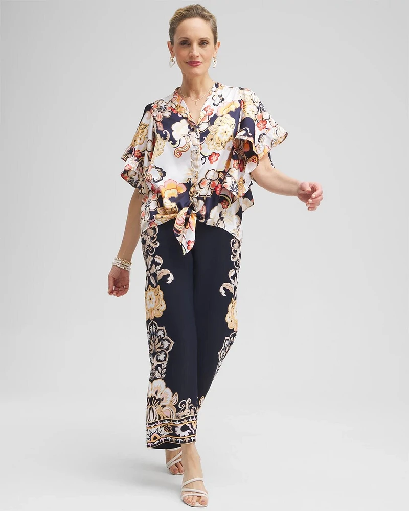Satin Ruffle Sleeve Tie Front Shirt