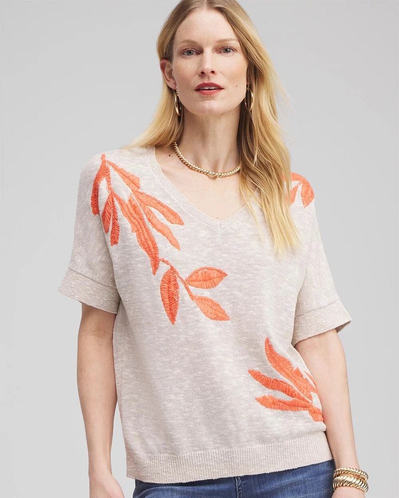 Linen Blend Embroidered Pullover Sweater