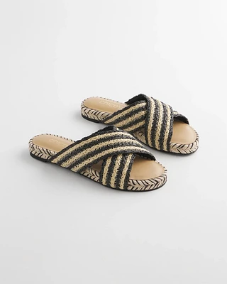 Striped Raffia Cross-Strap Slide Sandal