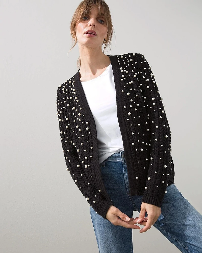 Faux Pearl Cable Knit Cardigan