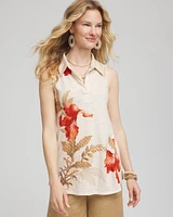 Floral Slub Sleeveless Collared Tunic