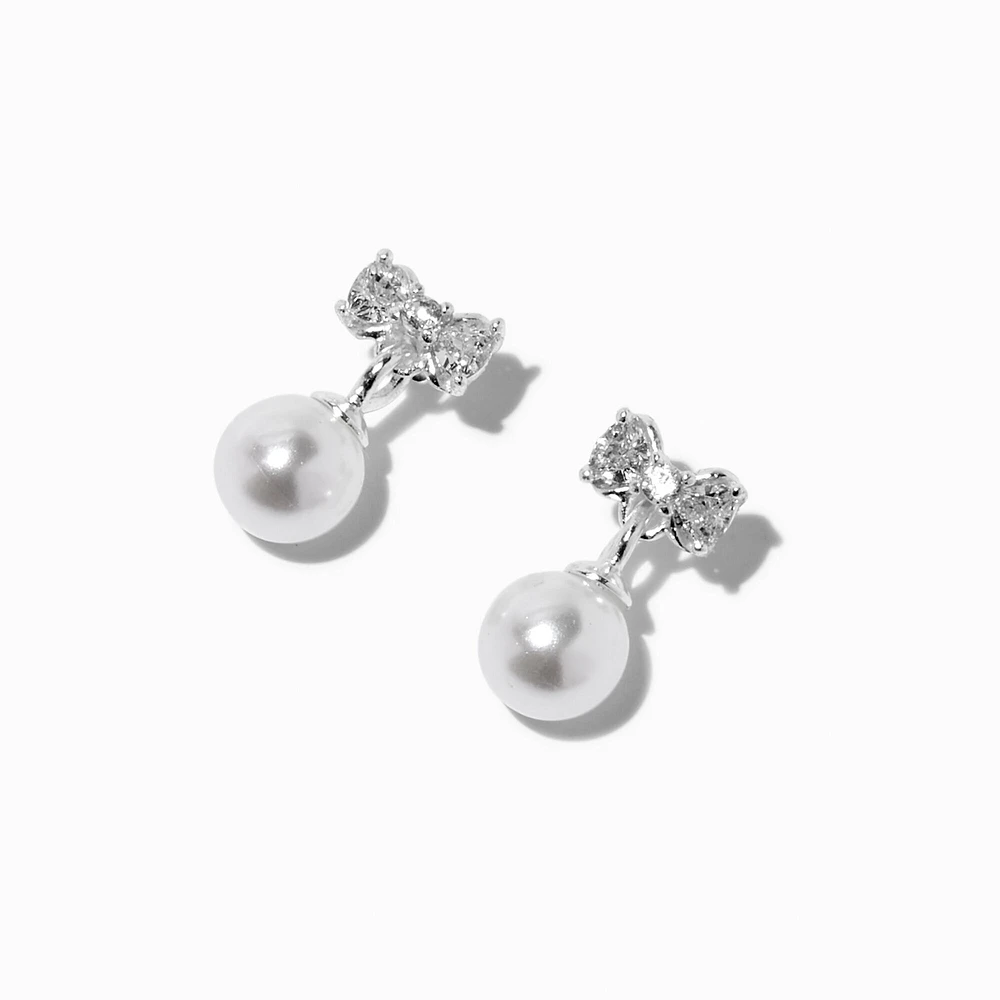 C LUXE by Claire's Sterling Silver Cubic Zirconia Bow Pearl Drop Earrings