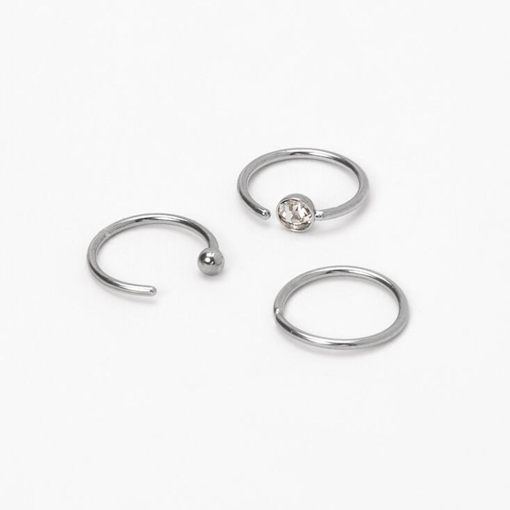 Silver 20G Assorted Crystal Ball Hoop Nose Rings - 3 Pack