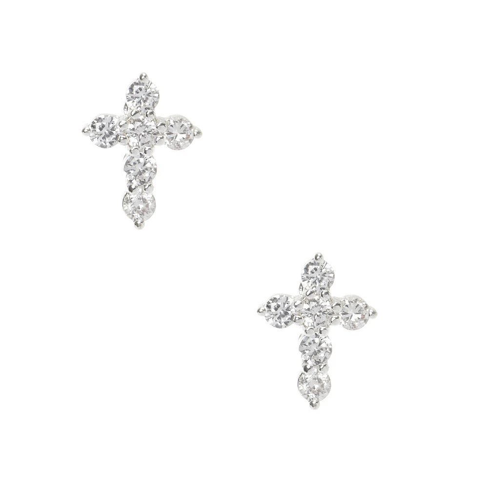 Silver-tone Cubic Zirconia Cross Stud Earrings