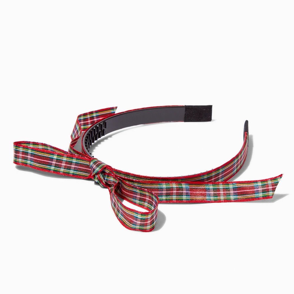 Red & Green Plaid Skinny Ribbon Bow Headband