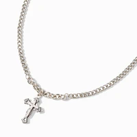 Silver Heavy Crystal Cross Necklace