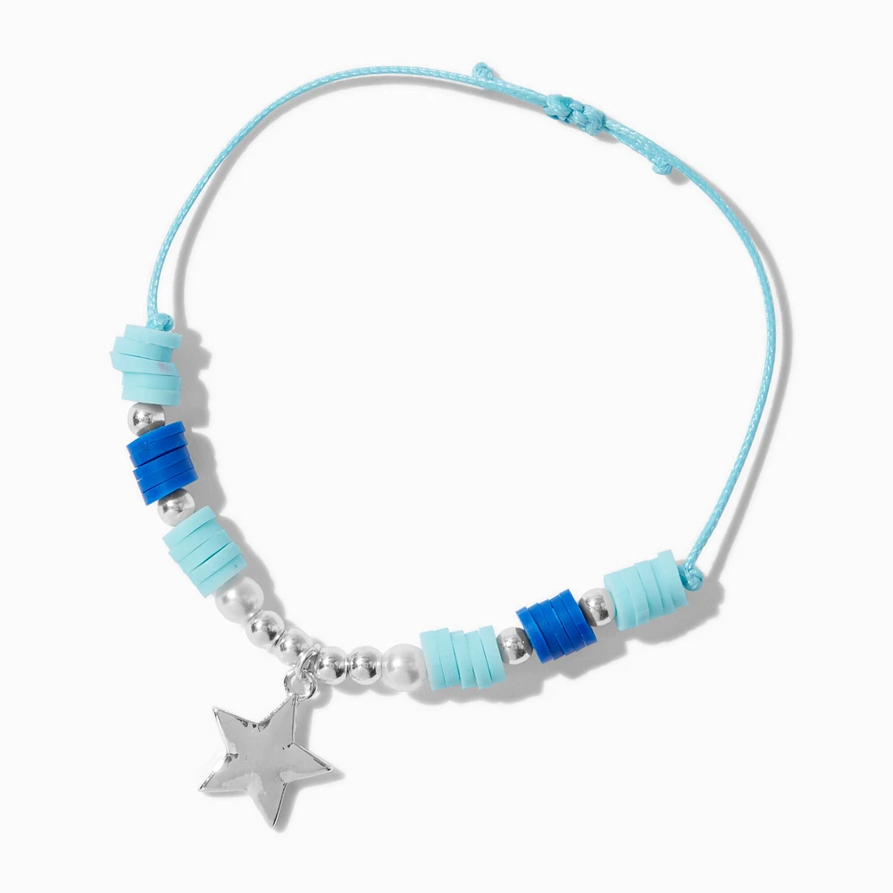 Silver-tone Star Blue Beaded Adjustable Bracelet