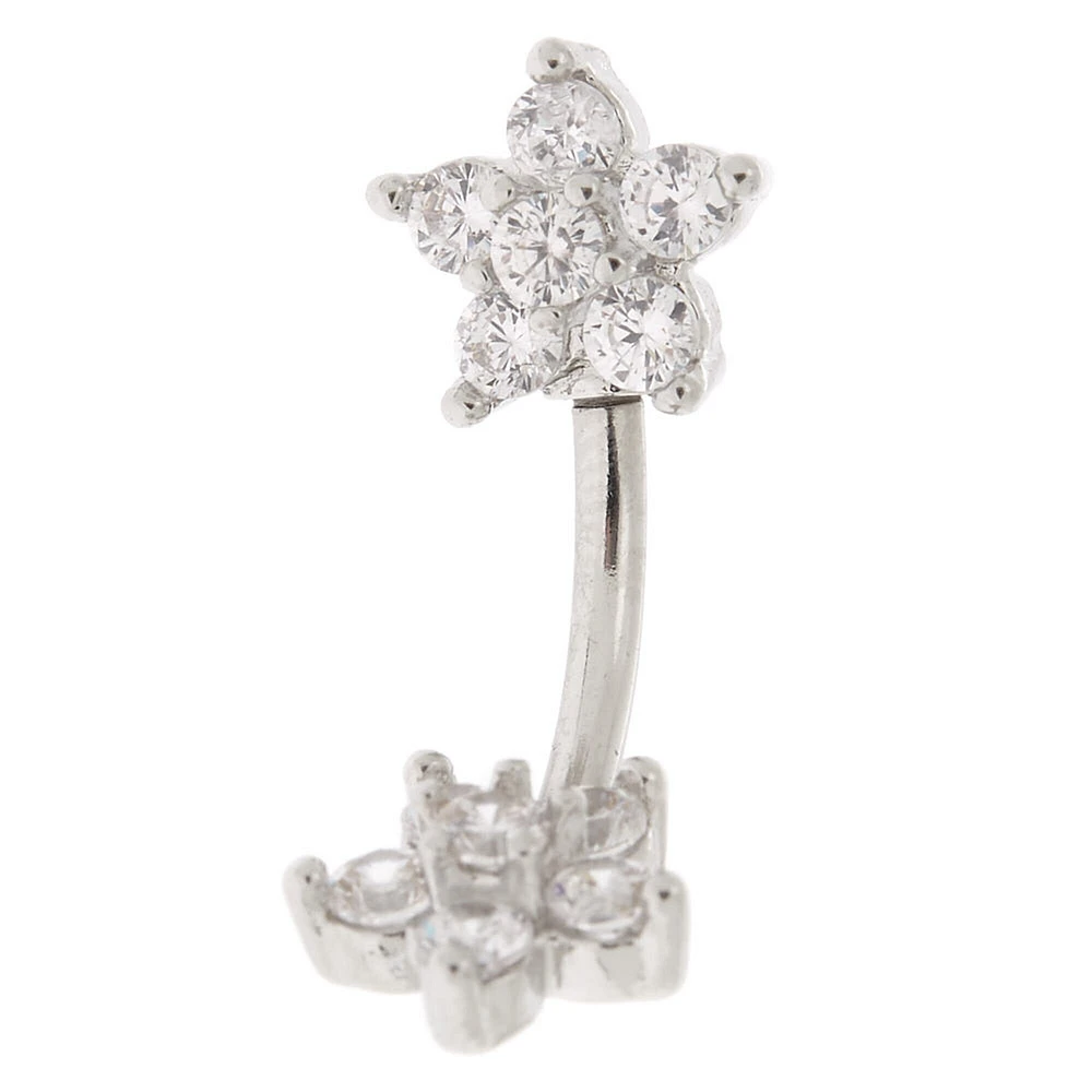 Silver-tone Stainless Steel Cubic Zirconia Double Flower 14G Belly Bar