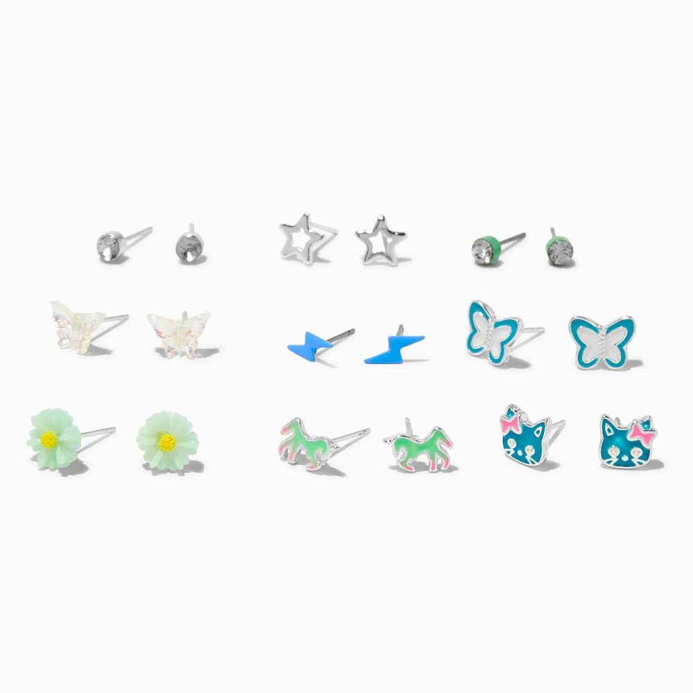 Blue Spring Motif Stud Earrings - 9 Pack