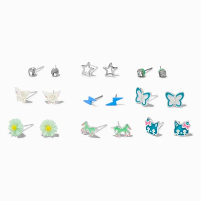 Blue Spring Motif Stud Earrings - 9 Pack