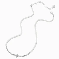 Silver-tone Cross Seed Bead Pendant Necklace