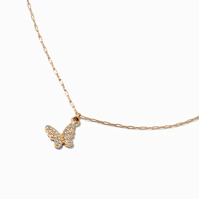 Gold-tone Stainless Steel Pave Butterfly Pendant Necklace