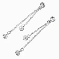 Silver-tone Cubic Zirconia Pearl 3" Linear Drop Earrings