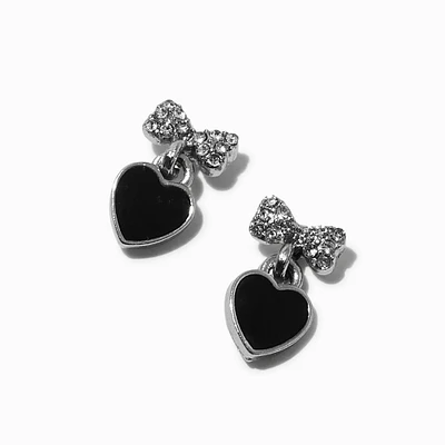 Silver-tone Crystal Bow & Black Heart 0.5" Drop Earrings
