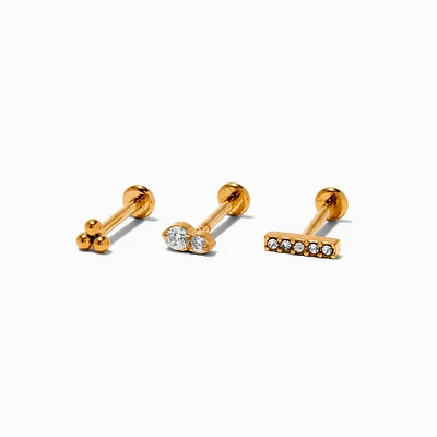 Gold-tone Titanium Cubic Zirconia 18G Stud Threadless Cartilage Earrings - 3 Pack