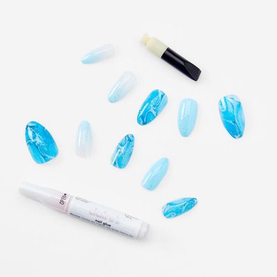 Blue Marble Swirl Stiletto Vegan Faux Nail Set - 24 Pack