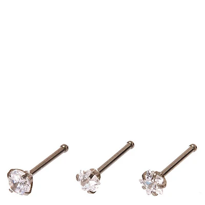 20G Silver-tone Stainless Steel Cubic Zirconia Mixed Shape Nose Studs - 3 Pack