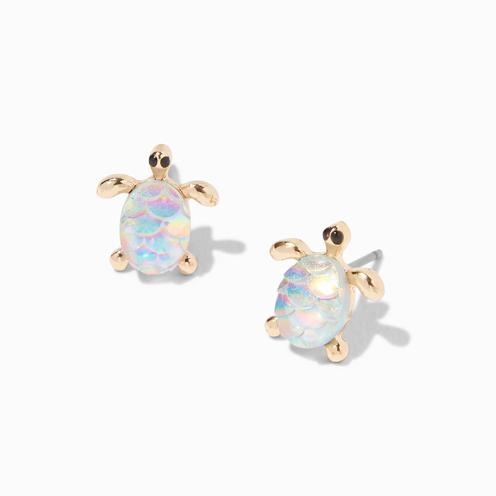 Gold-tone Turtle Iridescent Shell Stud Earrings