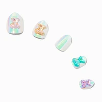 3D Bear Charm Iridescent Stiletto Press On Vegan Faux Nail Set - 24 Pack